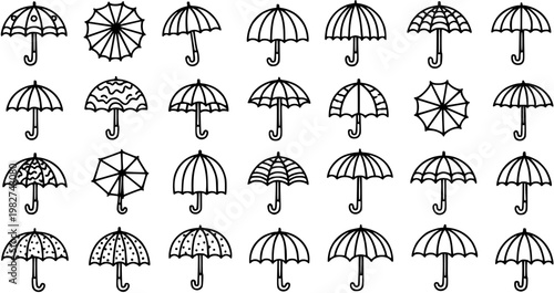 Black and White Line Art of Various Umbrella Designs, Vector Stock