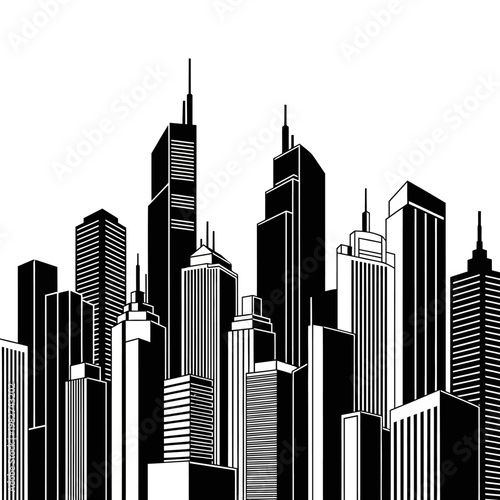 Modern Cityscape Silhouette - Black and White Skyscrapers Skyline