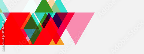 Abstract geometric shapes, triangles dominate composition. Red, green, pink hues present against white background. Modern design element.