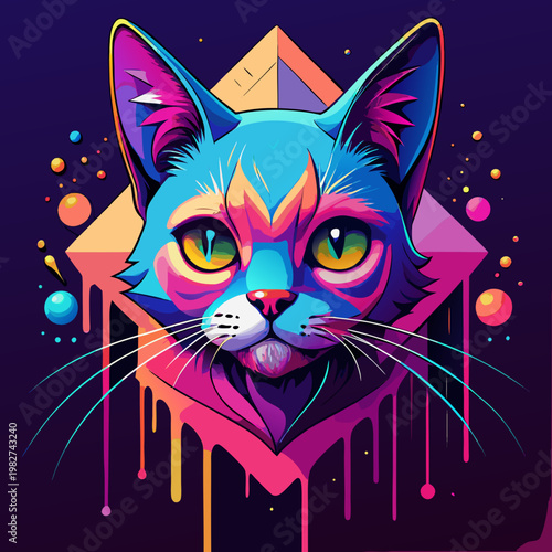 Fotografija Colorful neon artistic cat head illustration with geometric shapes and paint dri