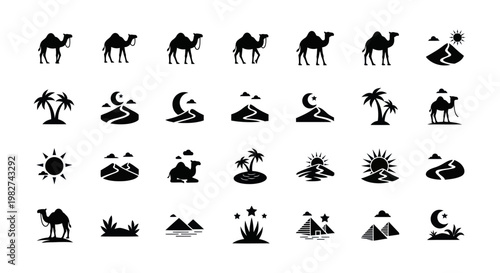 Desert Icons: Camels, Palms, Pyramids, Sun, Moon, Mountains, Oasis