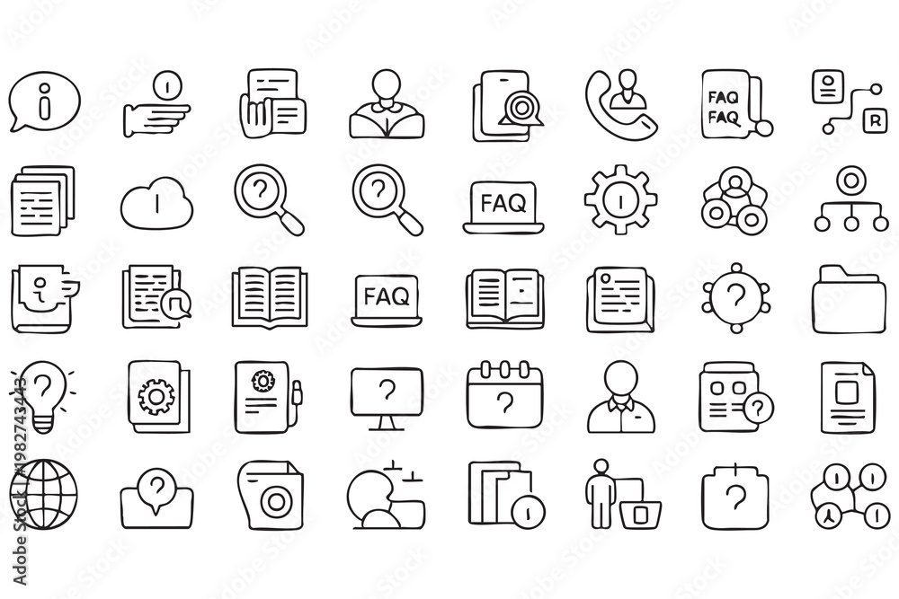 Fototapeta premium FAQ Knowledge Base and Support Icons for Online Platforms