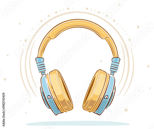 Colorful cartoon headphones illustration with sound waves for music and audio listening