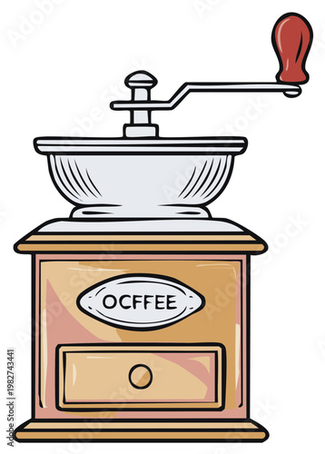 Cartoon illustration of a vintage manual coffee grinder with handle for grinding beans.