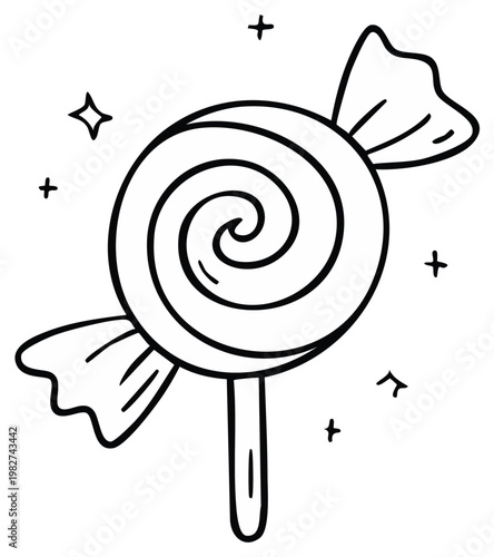 Simple Line Drawing of a Swirl Lollipop with Sparkles and Twists