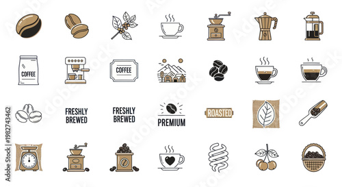 Coffee Icons Set: Beans, Grinders, Machines, Cups, Cherry, Basket, Scale, Bag