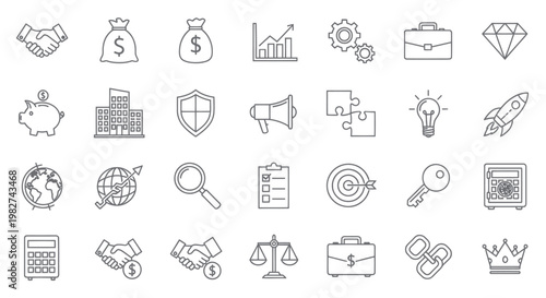 Business and Finance Icons Set: Growth, Success, Strategy, Investment, Partnership, Security