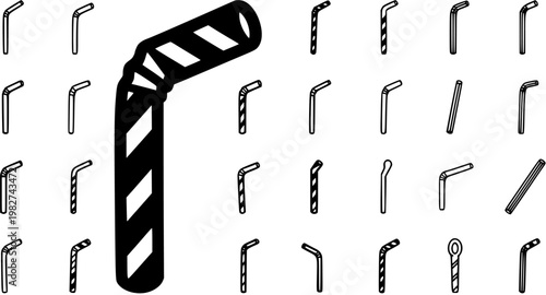 Food  Drink Industry Black and White Line Art Icons: Collection of Various Bent, Flexible, and Striped Drinking Straws Vector Set