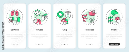 Primary infectious pathogens onboarding mobile app screen. Walkthrough 5 steps editable graphic instructions with linear concepts. UI, UX, GUI. Montserrat SemiBold, Regular fonts used