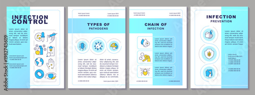 Infection control brochure layout. Public health, epidemiology study. Leaflet advertising design with color line icons. Editable 4 pages. Arial-Black, Myriad Pro-Regular fonts used