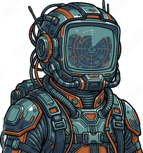 Pixel art astronaut in detailed suit with helmet displaying radar, science fiction, retro futuristic exploration