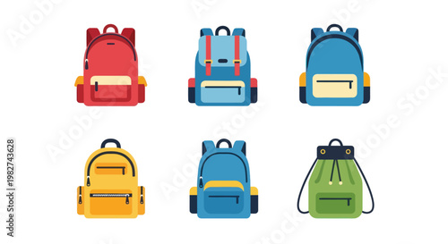 Collection of Colorful Backpacks for School and Travel - Flat Design Icons