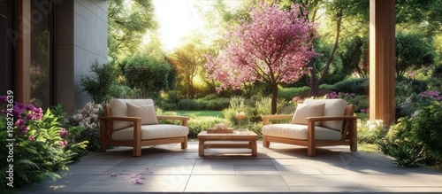 sunlit garden terrace with two wooden cushioned armchairs, low coffee table, pink blossoming tree, scattered petals and a peaceful inviting atmosphere