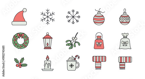 Christmas Icons Set: Santa Hat, Snowflakes, Ornaments, Wreath, Lantern, Mistletoe, Gift Bag, Holly, Candle