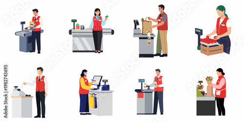 Set of supermarket cashiers and retail workers in red uniforms performing various checkout tasks including scanning, bagging, and processing payments.