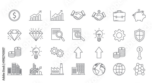 Business Icons Set: Finance, Growth, Ideas, Security, Industry, Global Concepts