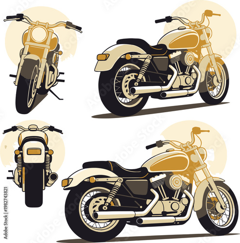 Set of pixel art motorcycles, isolated vintage cruiser motorcycle front, side, and rear views, neutral background