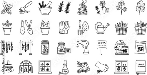 Herbal Gardening and Remedies Line Art Icons - Black and White Vector Illustrations