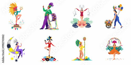 Vector Illustration Set of Carnival Performers and Dancers in Colorful Costumes with Feathers and Music Instruments for Festival Celebration