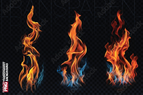 Realistic fire flames with glowing embers and sparks isolated on transparent background for video editing and VFX compositing