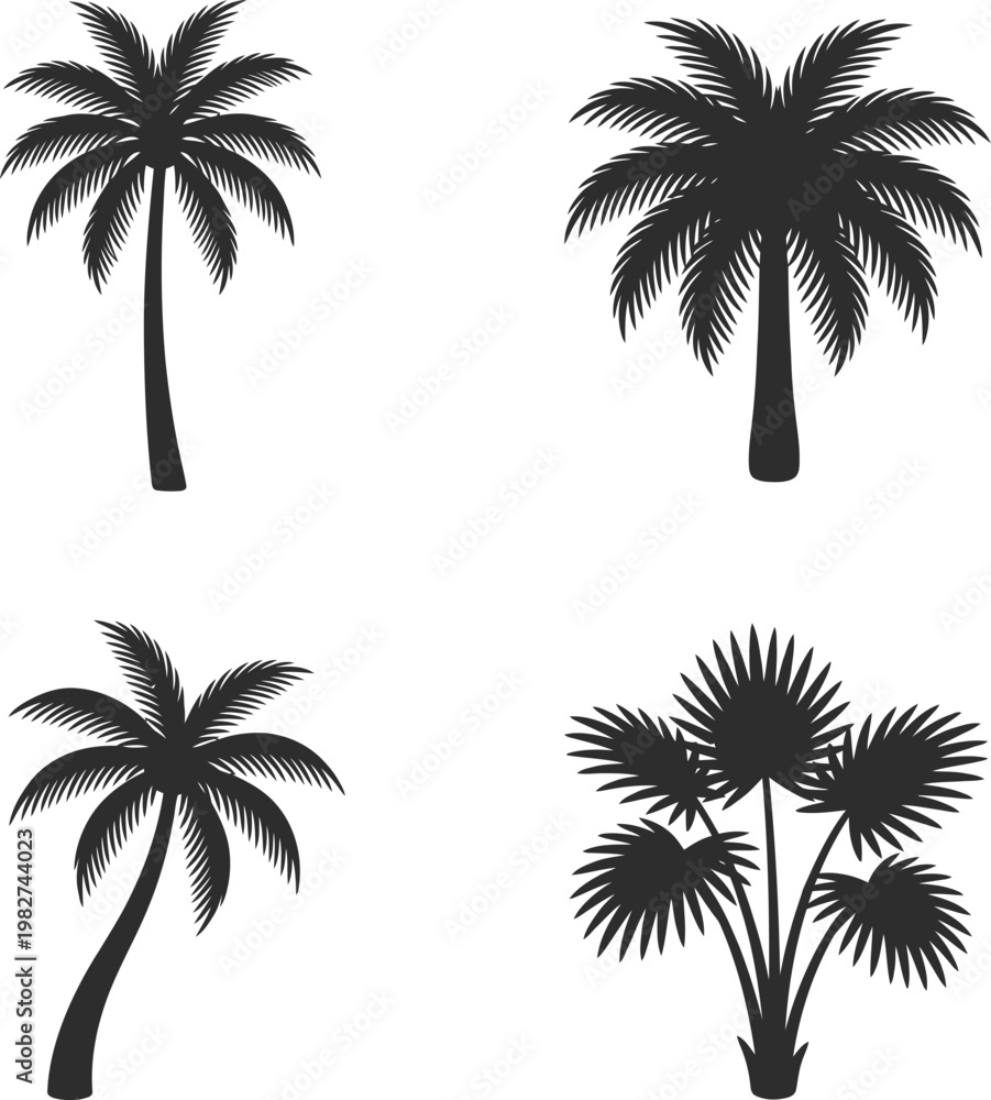 Fototapeta premium collection of four different palm tree silhouettes in dark gray, representing tropical nature and exotic destinations