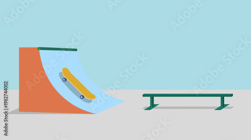 Skateboard ramp and bench illustration.