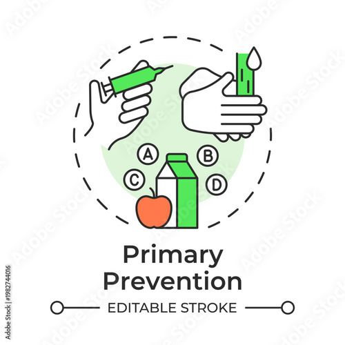 Primary prevention multi color concept icon. Healthy nutrition, personal hygiene. Medical vaccination. Round shape line illustration. Abstract idea. Graphic design. Easy to use in brochure, article