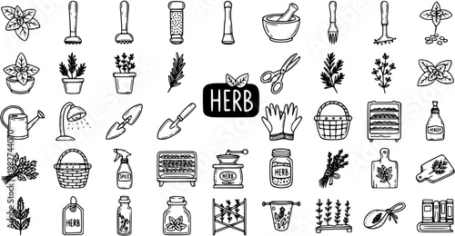 Black and White Line Art Icons for Herb Gardening and Cooking