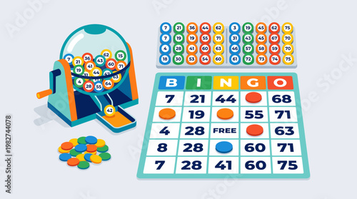 Bingo game with colorful balls and card.