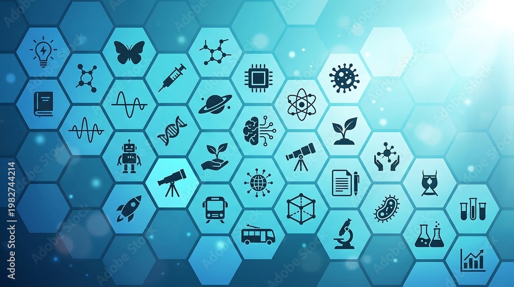 Science and technology concepts illustrated through various icons on hexagonal tiles background