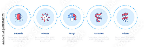 Pathogen classification types infographic 5 steps. Medical treatment, infection spread. Flow chart infochart. Editable vector info graphics icons. Montserrat-SemiBold, Regular fonts used