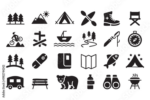 Camping and Hiking Icons with Mountain Forest and Survival Gear