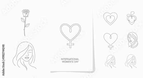 International Women's Day Line Art: Rose, Female Symbol Heart, Woman Portraits