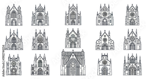 Gothic Cathedral Facades Collection: Architectural Line Drawings of Churches
