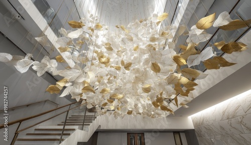 Elegant Chandelier with Floral Petal Design Suspended from a Modern Ceiling.