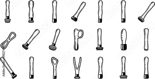 Hand Drawn Black and White Line Art Cocktail Muddlers Vector Icon Set. Diverse Bar Tools and Kitchen Utensils for Drink and Food Preparation.