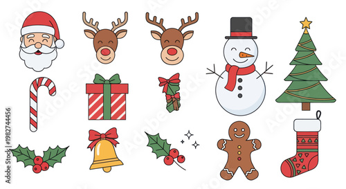 Christmas Icons Set: Santa Claus, Snowman, Reindeer, Tree, Gift, Stocking