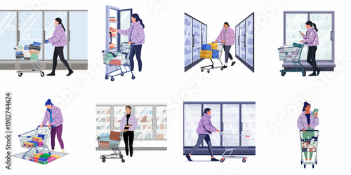 Collection of flat vector illustrations depicting a young woman shopping in a supermarket frozen food section with a shopping cart.