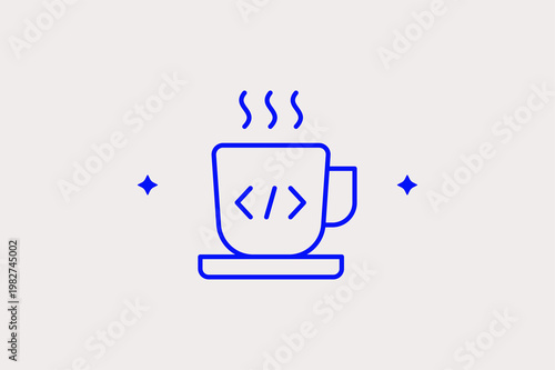 Steaming coffee cup with a code symbol captures the developer lifestyle and creative energy. Cozy Vector Illustration is perfect for programming blogs, home office, and tech culture.