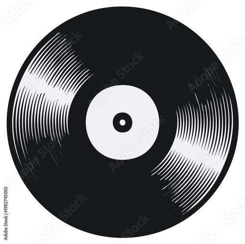 Black vinyl record illustration with etched grooves and central label