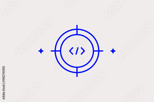 Target symbol with coding brackets in the center focuses on precise software development goals. Professional Vector Illustration is perfect for programming targets and technical project management.