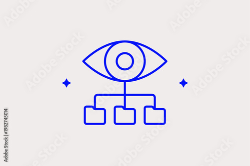 Eye icon connected to a folder hierarchy emphasizes data visualization and system monitoring. Clean Vector Illustration is ideal for analytics, oversight, and file management interfaces.