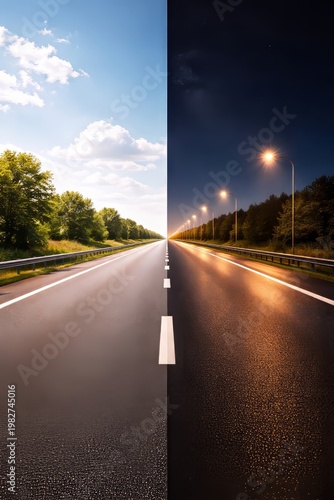 Road Showing Day and Night in One Scene