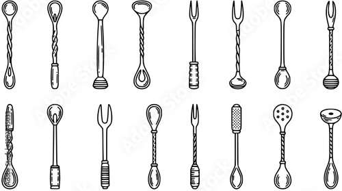 Collection of Black and White Line Art Bar Tools Featuring Cocktail Spoons and Forks for Bartending and Mixology