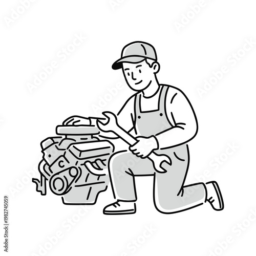 Professional auto mechanic or technician in uniform, kneeling and holding a wrench while working on a car engine. This cartoon line art illustration is ideal for automotive services, maintenance, and 