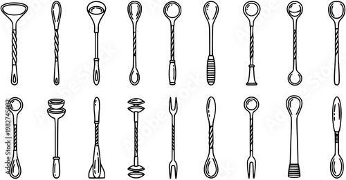 Bartending Cocktail Bar Tools Line Art Icons. Hand-drawn Outline Set of Stirrers, Spoons, and Muddlers for Mixology and Beverage Preparation.