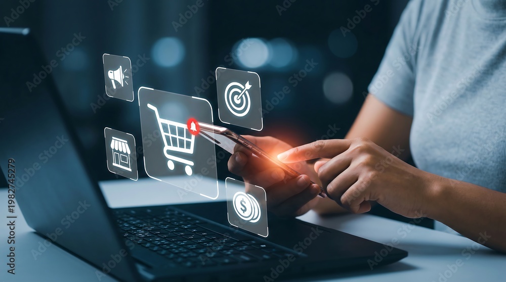 Naklejka premium Person using smartphone with ecommerce and shopping icons floating above screen