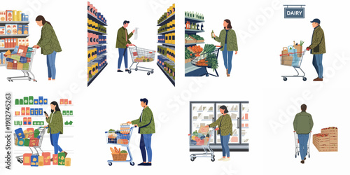 Illustration set of diverse people shopping for groceries in a supermarket, using carts to browse different aisles and products.