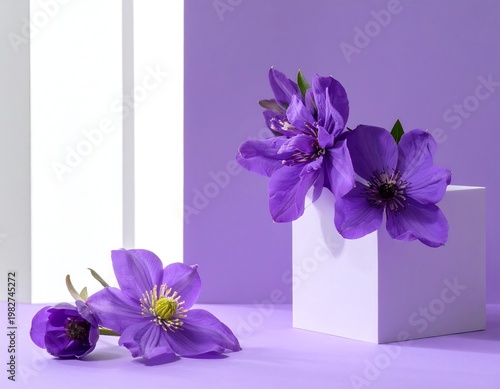Vivid purple blooms sit on geometric blocks, contrasting the soft violet backdrop with striking shadows