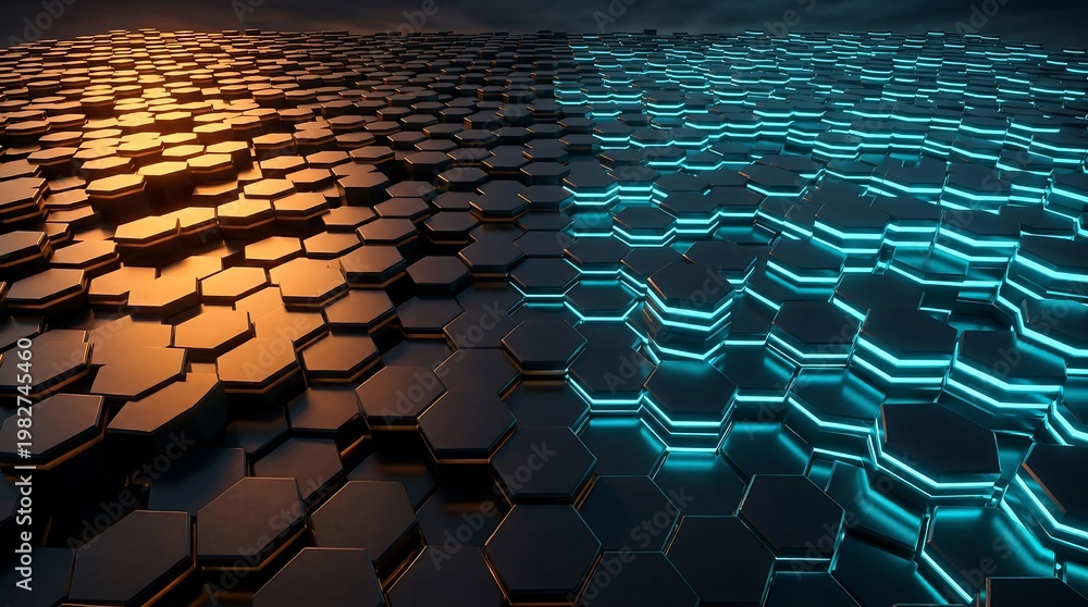 Fototapeta premium Hexagonal tiles with neon lights in orange and blue hues create futuristic technology background
